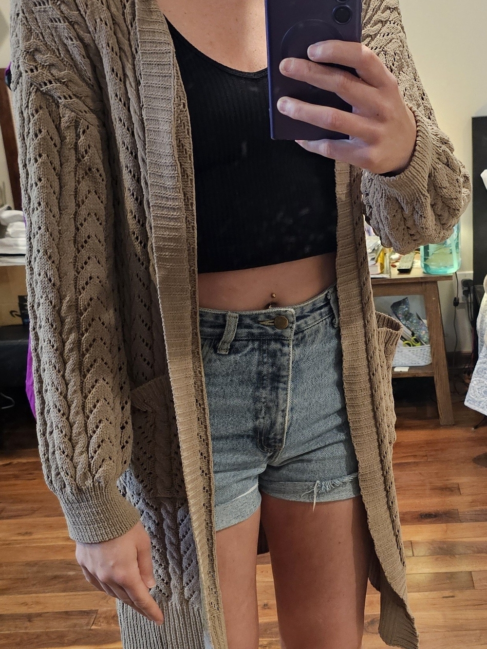 Pink Rose Open-Front Chunky Knit Cardigan - Taupe